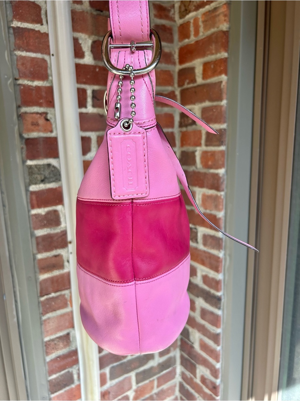 Vintage coach rugby duffel sac style F13357 pink striped leather y2k retro purse - Picture 3 of 14